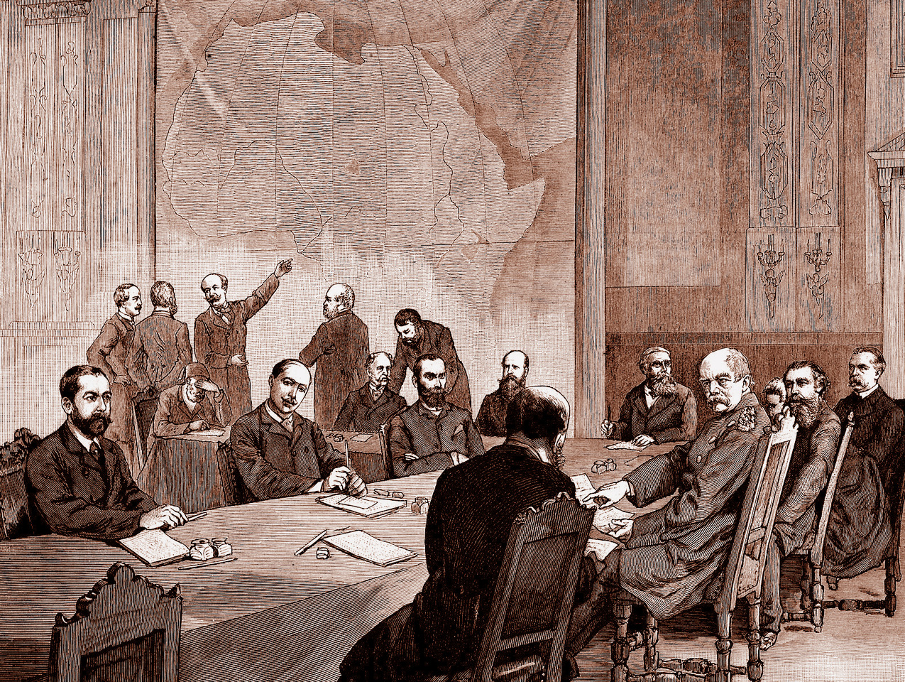 Adalbert von Rösslers illustration från Berlinkonferensen 1884 då kolonialmakterna delade upp Afrika utan afrikanskt deltagande. Bild: Wikipedia.